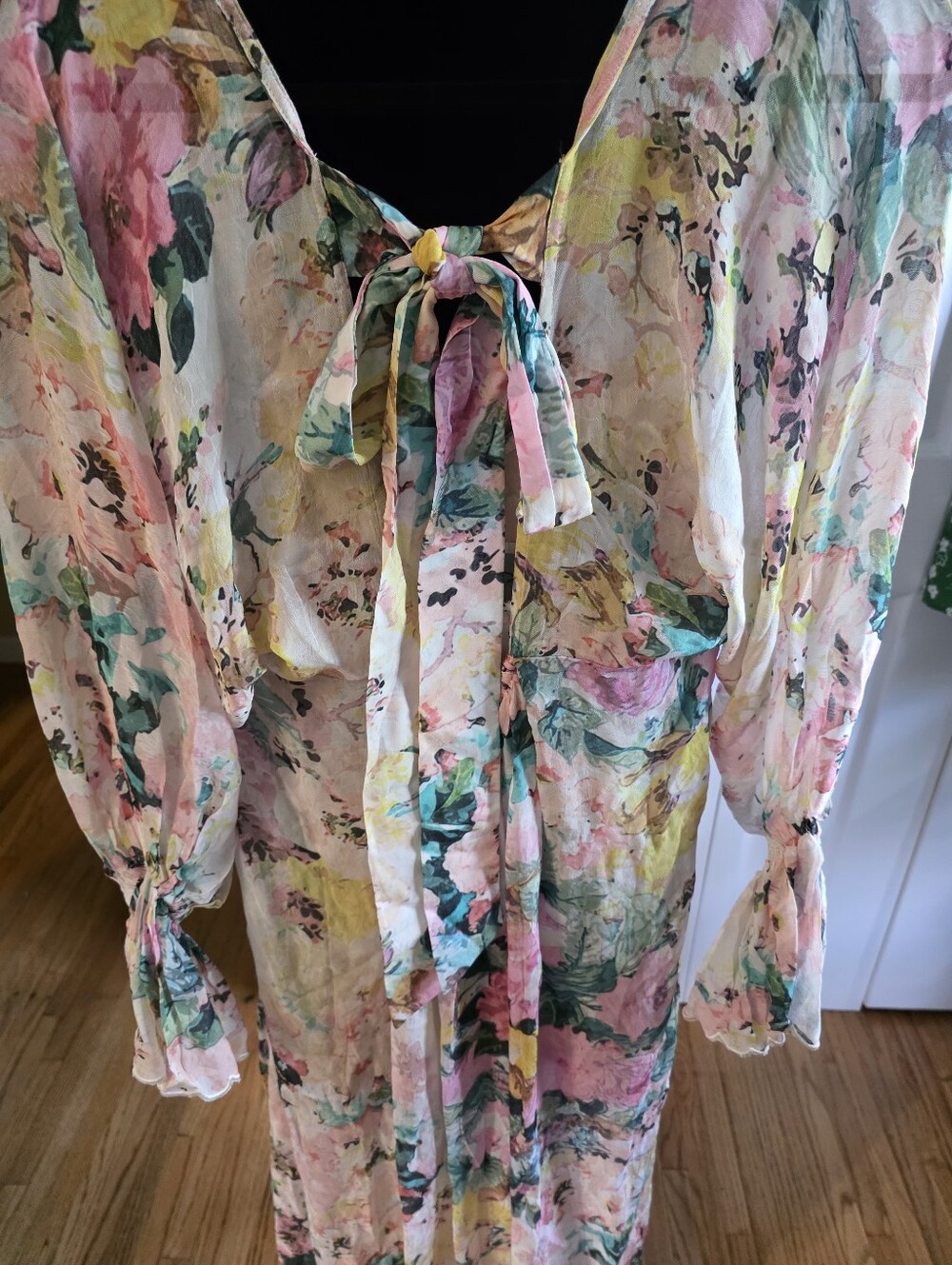 HEMANT & NANDITA Pastel Floral Sheer Maxi Dress in Pink, Blue, Yellow XS NWT - Picture 10 of 12